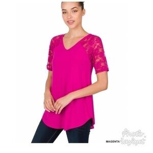 NWT Zenana hot pink s/s lace tunic in pink. See card for details. Versatile.